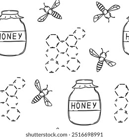 Seamless pattern of bee and honeycomb in doodle style. Vector illustration