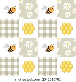 Patrón sin fisuras con abeja, panal y flores sobre un fondo a cuadros. Fondo de bebé en una paleta pastel. Perfecto para envolver papel, ropa, textiles.