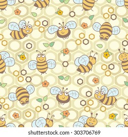 Seamless pattern with bee in honeycomb and flowers. Vector