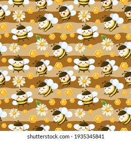 seamless pattern bee and honeycomp in cartoon characters, isolated vector cartoon collection kids concept
