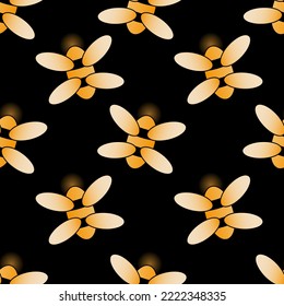 Seamless pattern with bee on black background. Beetle backdrop. Beautiful design wallpaper or bed linen print.