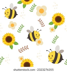 Das nahtlose Muster von Bienen und Sonnenblumen und weißen Blumen und Blättern. Illustration über Biene für Hintergrund, Banner, Aufkleber und Grußkarte.