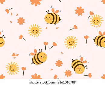 Seamless pattern with bee, tulip flower and happy sun cartoons on orange background vector illustration.