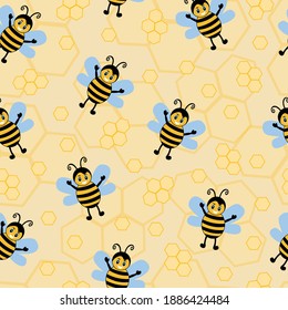 seamless pattern with bee wasp striped yellow insect with honeycombs for textiles