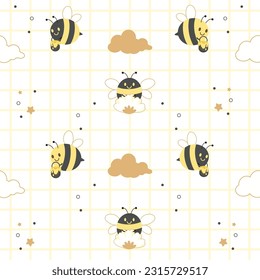 El patrón sin fisuras de abeja y flor y hojas blancas. Ilustración sobre abeja para fondo, banner, etiqueta adhesiva y tarjeta de saludo.