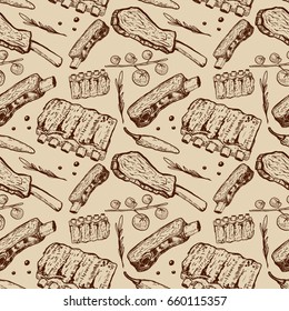 Seamless pattern with beef ribs. Butchery. Design element for poster, wrapping paper. Vector illustration