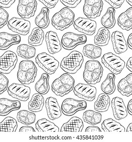 Seamless pattern of beef steak with doodle art or hand drawing style