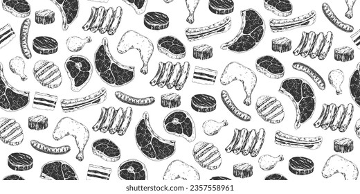 Patrón sin foco con filetes de ternera, pierna de pollo, costillas de cordero, jamón de cerdo, salo, salchicha. Carne cruda. Medallón de carne de ternera de filete a mano. Grabado vintage. Antecedentes con el producto de la carnicería