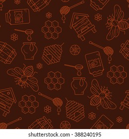 Seamless pattern with beehive, bee, apiary and honey symbols for healthy food designs.
