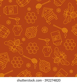 Seamless pattern with beehive, bee, apiary and honey symbols for healthy food designs.
