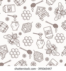 Seamless pattern with beehive, bee, apiary and honey symbols for healthy food designs.
