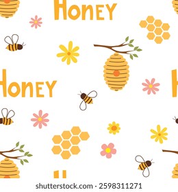 Seamless pattern with beehive, bee and flowers. Vector flat illustration.