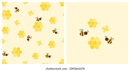 Seamless pattern with beehive honeycomb and bee cartoons on yellow background. Bee, butterfly and beehive logo on yellow background vector.