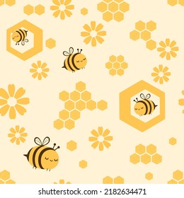 Patrón sin brillo con panal de abejas, dibujos animados de abejas y flor pequeña sobre ilustración vectorial de fondo amarillo.