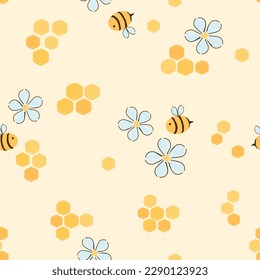 Patrón sin brillo con panal de abejas, dibujos animados de abejas y flor tierno sobre ilustración vectorial de fondo amarillo. 