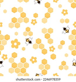 Patrón sin fisuras con panes de abeja, caricaturas de flores y abejas sobre ilustración vectorial de fondo blanco.