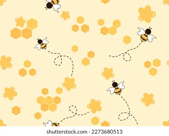 Seamless pattern with beehive honeycomb, flower and bee cartoons on yellow background vector illustration.
