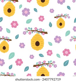seamless pattern with beehive on branch, flower elements, flat vector illustration for print, product, fabric design