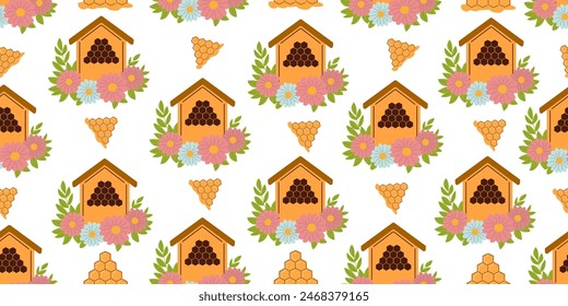 Seamless pattern with beehive,honeycomb isolated on background vector illustration. Cute honey print background.