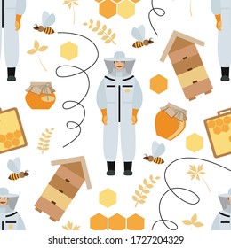 seamless pattern with beekeeper, hives, bees and honey jars. a drawing in the style of the cartoon. it can be used to create a background in the design of beekeeping products. stock vector. EPS 10.