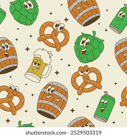 Seamless Pattern of Beer Barrel and Drink Mascot Character