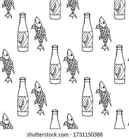 Seamless pattern with beer bottle and fish on white background. Vector image. 