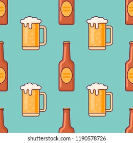 Seamless pattern with beer bottle and mug on teal background. Vector texture.