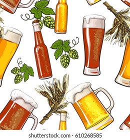 Seamless pattern of beer bottle, mug, glass, malt and hop on white background, sketch vector illustration. Hand drawn beer bottle, glass, hop seamless pattern, background, backdrop design