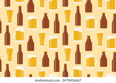 seamless pattern with beer bottles and glasses; perfect for wrapping paper, bar or pub menus, apparel, marketing materials for beer festivals or breweries- vector illustration