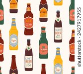 Seamless pattern beer bottles with label. Different bottled beer types.  Stylized hand drawn pattern for menu restaurant or bar and pub.