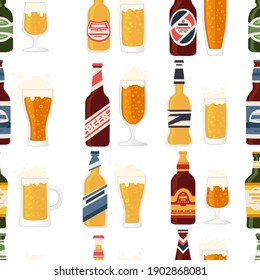 Seamless pattern beer bottles with label and glass beer mug bottles with different types of beer alcohol drink vector illustration on white background