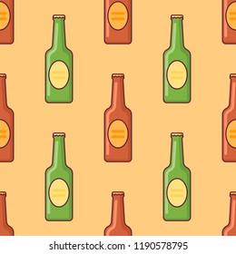 Seamless pattern with beer bottles on yellow background. Vector texture.