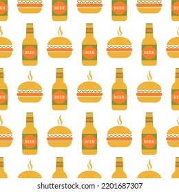 Seamless Pattern With Beer And Burger. Icon Bottle Beer And Burger In Retro Color Palette. Food Concept In Flat Design. Retro Design For Print On Wrapping Paper, Wallpaper, Fabric. Vector Illustration