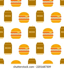 Seamless Pattern With Beer And Burger. Icon Bottle Beer And Burger In Retro Color Palette. Food Concept In Flat Design. Retro Design For Print On Wrapping Paper, Wallpaper, Fabric. Vector Illustration