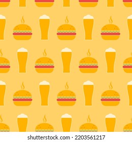 Seamless Pattern With Beer And Burger. Icon Beer Glass And Burger In Retro Color Palette. Food Concept In Flat Design. Retro Design For Print On Wrapping Paper, Wallpaper, Fabric. Vector Illustration