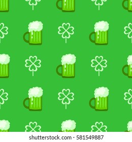 Seamless pattern with beer and clover. Happy St. Patrick's Day.