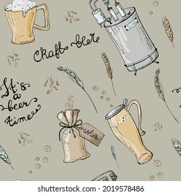 Seamless pattern with beer crafting theme and symbols on beige backdrop. Author's lettering is used.