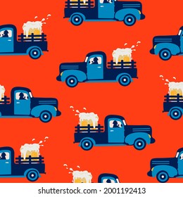 Seamless Pattern with Beer delivery truck. Truck and beer Glass, bottles, draft beer. Beer theme
