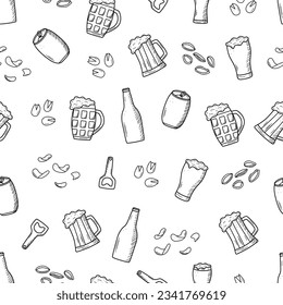 Iconos del doodle de la cerveza de patrón sin brillo. Ilustración vectorial de elementos Pub cerveza y aperitivos. Fondo de pantalla Oktoberfest o bar.