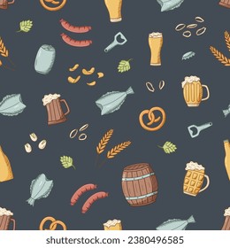 Seamless Pattern Beer doodle icons. Vector illustration of Pub elements beer and snacks. Background wallpaper Oktoberfest or bar.
