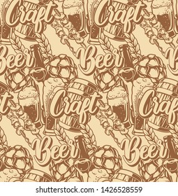 Seamless pattern with beer elements (beer bottle, glass, cone, bottle opener, kebab) in light colour. 
