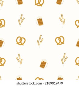 Seamless pattern for beer festival. Vector beer mugs, brezel and wheat ears on a white background. Design for pub decoration, menu, craft packaging. Oktoberfest background.