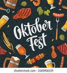 Seamless pattern beer glass, charcoal, sausage, kebab, fish and beef steak. Vintage vector engraving for invitation to oktoberfest festival. Hand drawn white design element isolated on dark