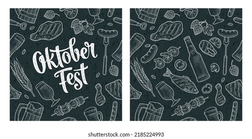 Seamless pattern beer glass, charcoal, sausage, kebab, fish and beef steak. Vintage vector engraving illustration for invitation to party. Hand drawn white design element isolated on dark background.