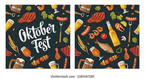 Seamless pattern beer glass, charcoal, sausage, kebab, fish and beef steak. Vintage vector engraving for invitation to oktoberfest festival. Hand drawn white design element isolated on dark