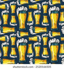 Seamless pattern of beer glass with foam, isolated, vector for packaging