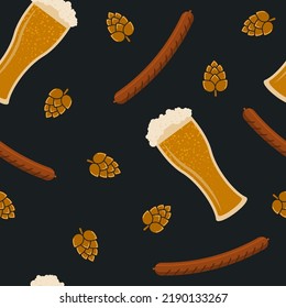 Seamless pattern with beer glass, hops and Bavarian sausages. Vector background