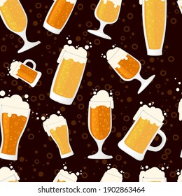 Seamless pattern of beer in glass mug different types of mugs and beers vector illustration on brown background