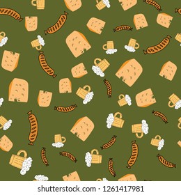Seamless pattern of beer glass, sausage, cheese