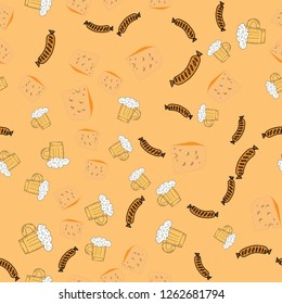 Seamless pattern of beer glass, sausage, cheese